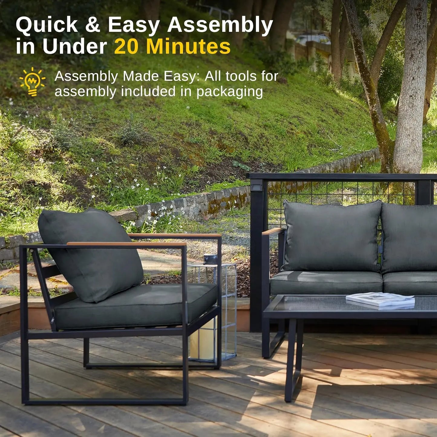 Courtyard Patio Furniture Set, 4-Piece Outdoor Patio Set with Sofa, Removable & Washable Deep Seating Cushion, Tempered , Black