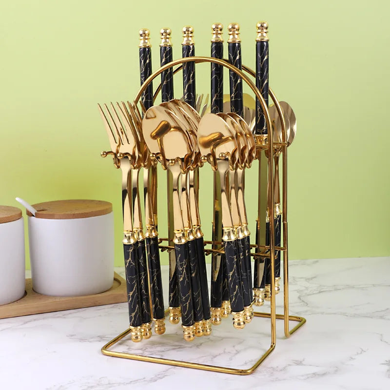 24-piece Set of Stainless Steel Cutlery with Rack, Exquisite Ceramic Handle Spoon and Fork Set Dishwasher Safe Cutlery Set