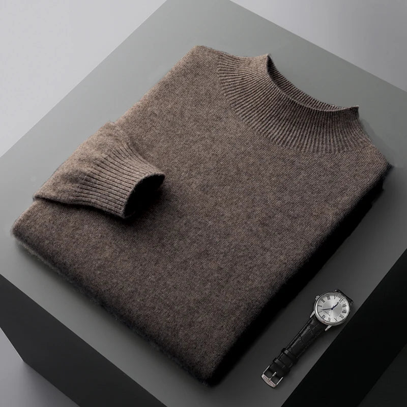 New Men's 100% Merino Wool Mock Neck Pullover Cashmere Sweater Soft Warm Jumpers Quality Casual Smart Knitwear Basic Tops Clothi
