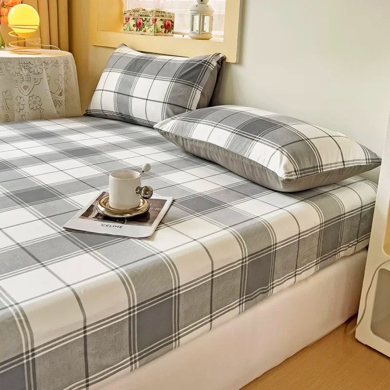 Simple Gray Checkered Fitted Sheet Set 3Pcs Geometric Plaid Non-slip Elastic Bed Cover with 2 Pillowcases Home Bedding Set