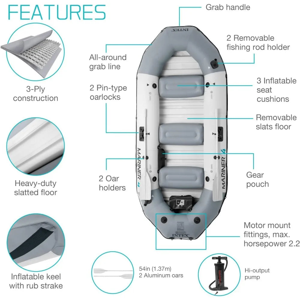 68376EP Mariner 4 Inflatable Boat Set: Includes Deluxe 54in Boat Oars and High-Output Pump  Wear-Resistant Keel