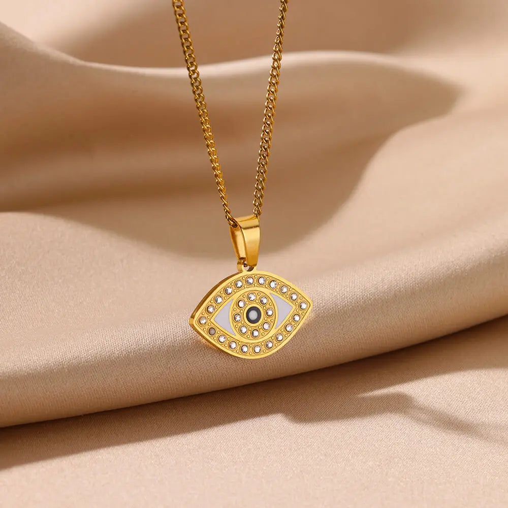 Gold Color Palm Fatima Pendant Necklace For Women Stainless Steel Lucky Turkish Evil Eye Choker Necklaces Aesthetics Jewelry