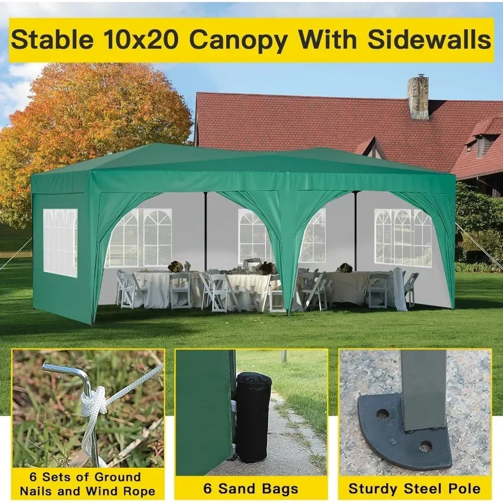 Awning 10x20 with Sidewalls, Sun-Resistant Heavy Duty 10x20 Pop Up Canopy with 6 Sand Bags, Green Foldable Event Tent