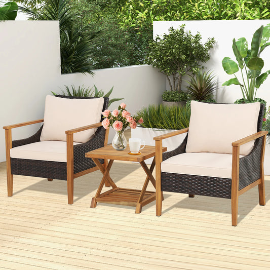 3PCS Patio Wicker Furniture Set Cushioned Armchairs with 2-Tier Side Table Balcony