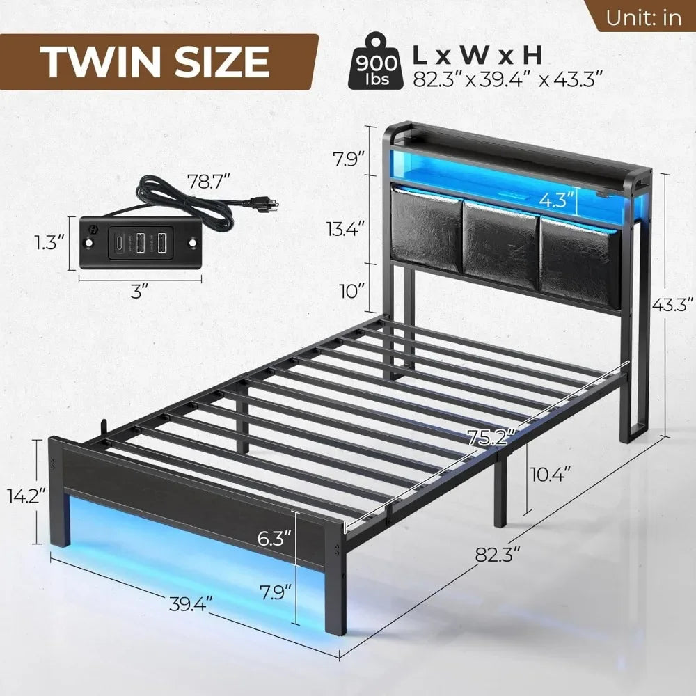 Bed Frame Twin Size with Charging Station and LED Lights, PU Leather Headboard with Storage Shelves, Heavy Duty Metal Slats