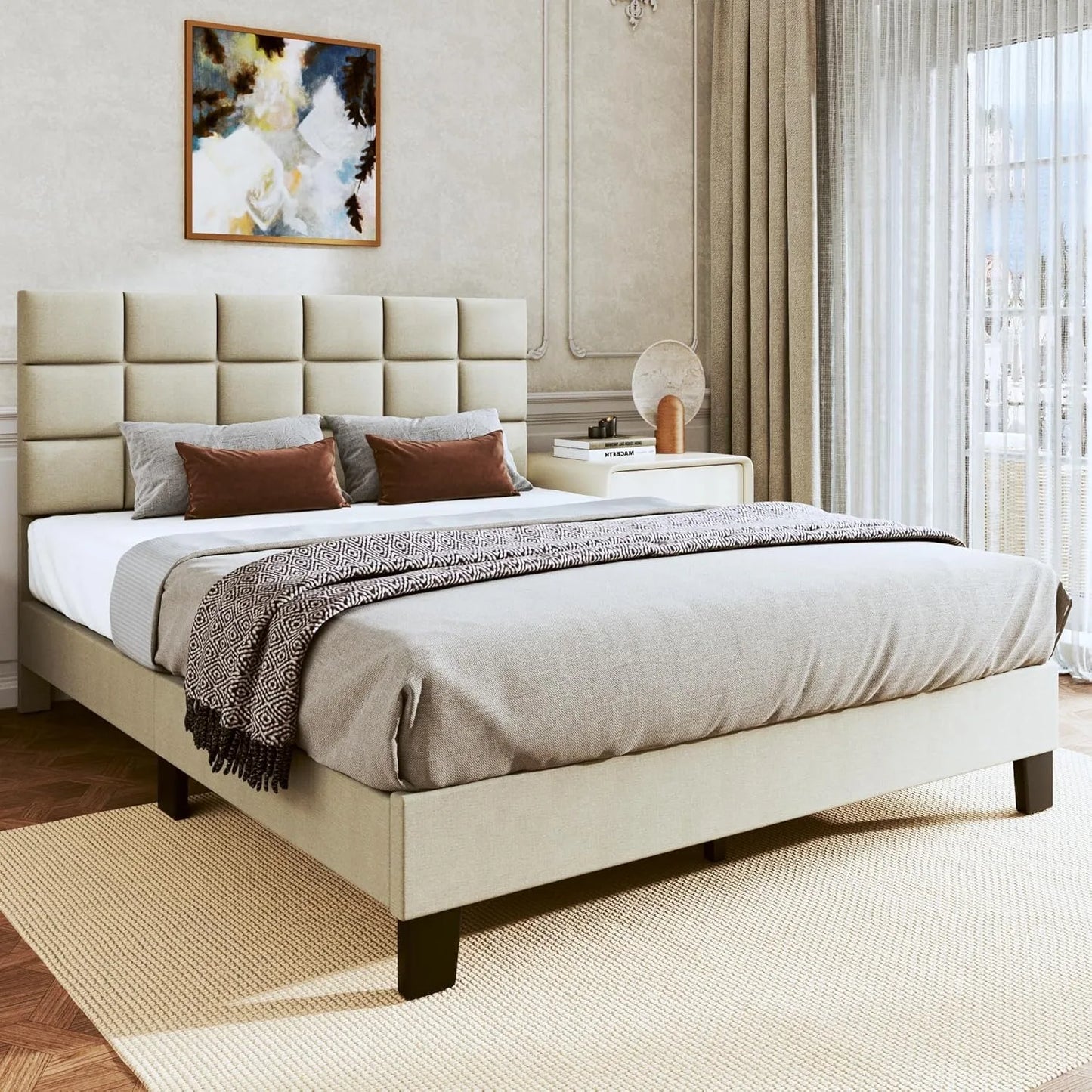 Full Bed Frame Upholstered Bed Frame Platform with Adjustable Headboard Linen Fabric Tufted Headboard Wooden Slats Support