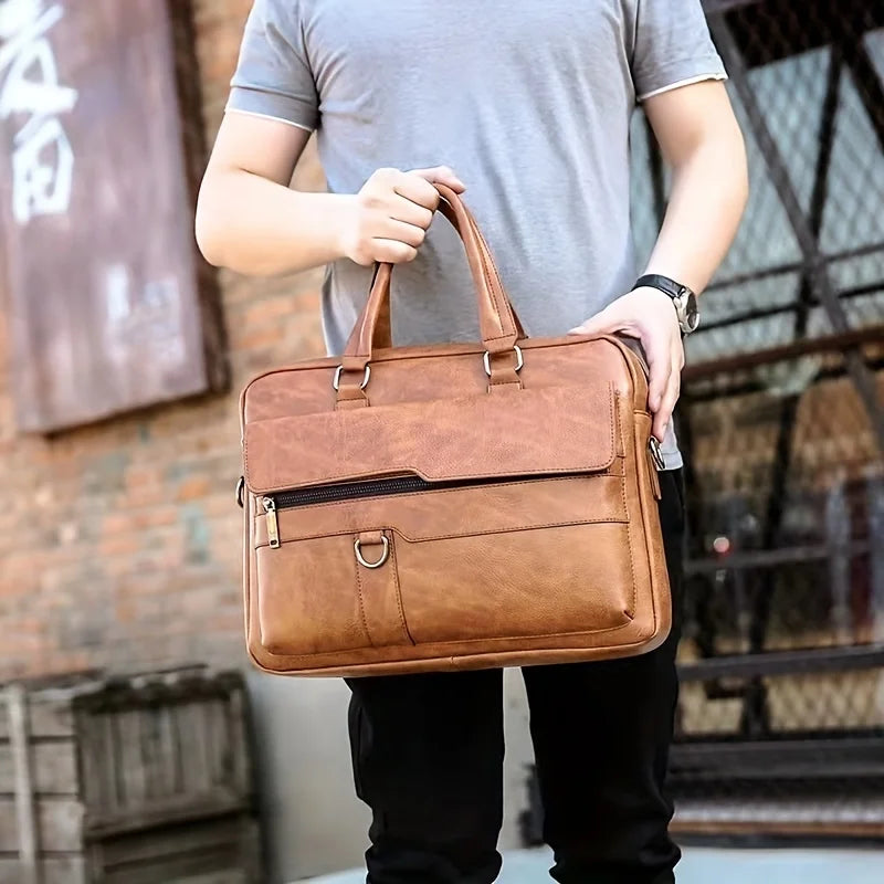 Leather Business Briefcase Messenger Bag Handbag For Men Travel Work Computer Bag Crossbody Shoulder Pack