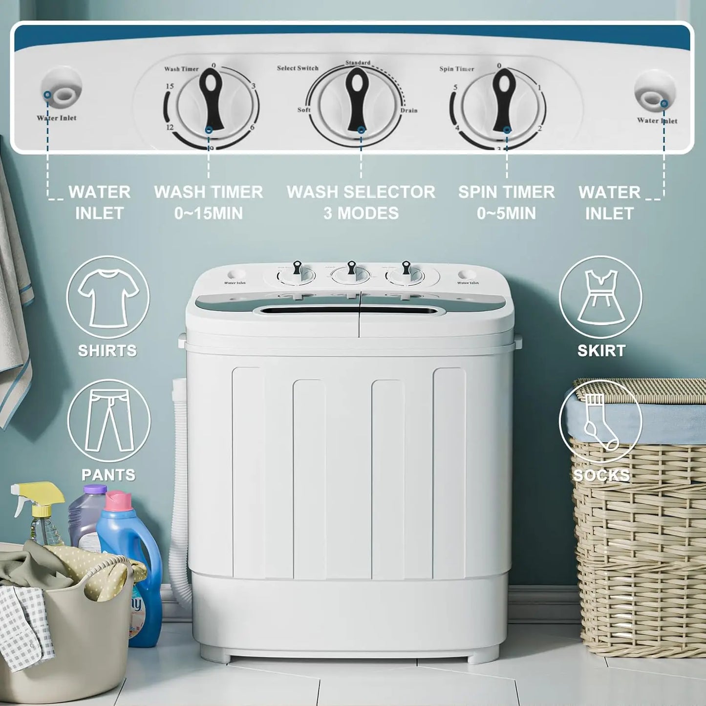 Compact Mini Twin Tub Washing Machine 13lbs Capacity Portable Washer Wash and Spin Cycle Combo,Built-in Gravity Drain