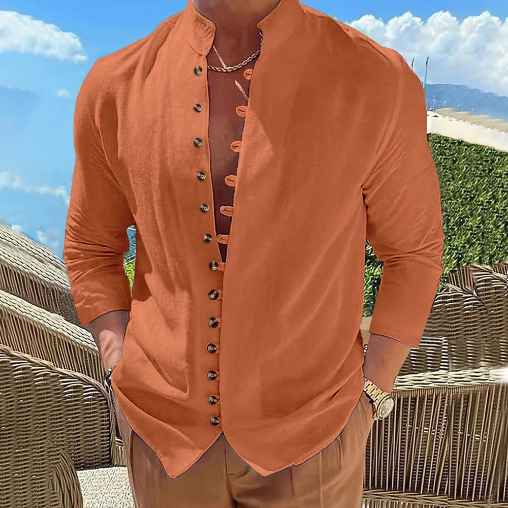 Spring and autumn men's fashion retro cotton and linen casual shirt trend new multi-button solid color stand collar long sleeve