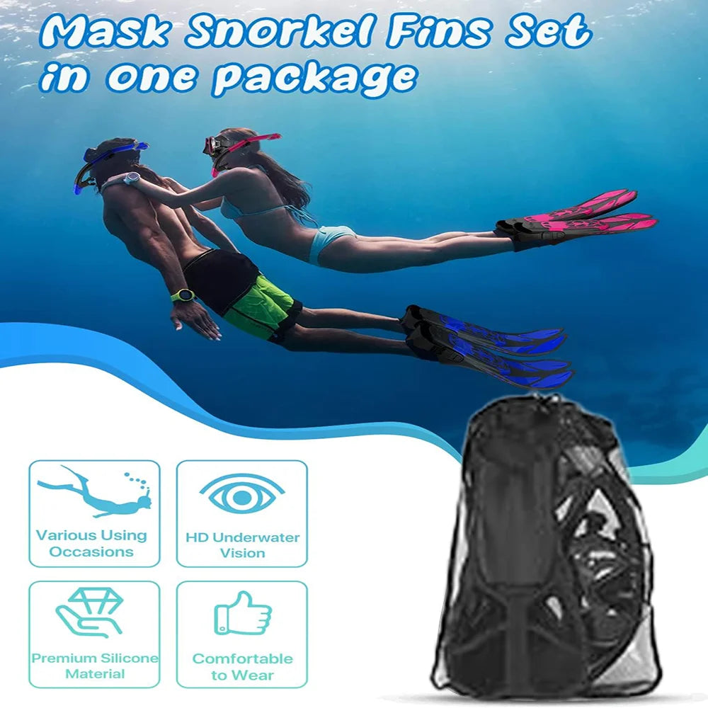 Mask Fin Snorkel Set Snorkeling Gear for Adults with Panoramic View Anti-Fog Mask Trek Fins Dry Top Snorkel and Gear Bag