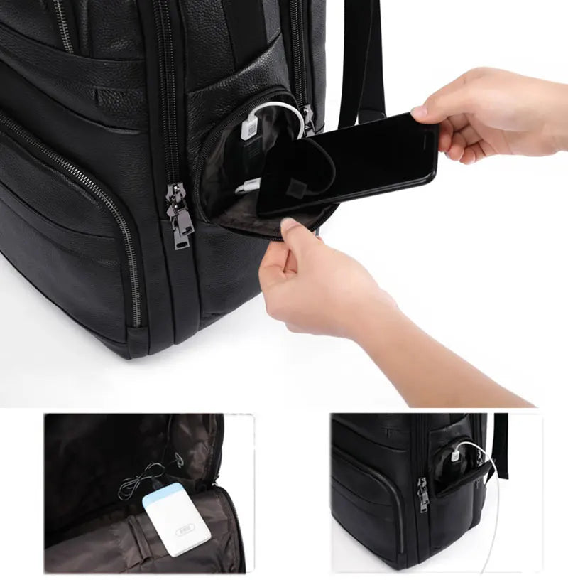 Genuine Leather Backpack USB charging Men Women Waterproof Black Laptop Daypack Student Schoolbag Big man Travel Rucksack