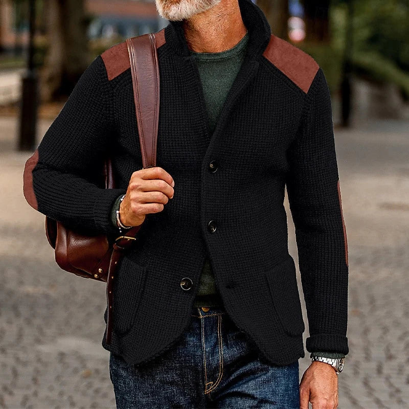 Vintage Patchwork Stand Collar Knitted Jackets Men Spring Casual Button Sweater Cardigan Mens Fashion Slim Knitting Sweatercoats