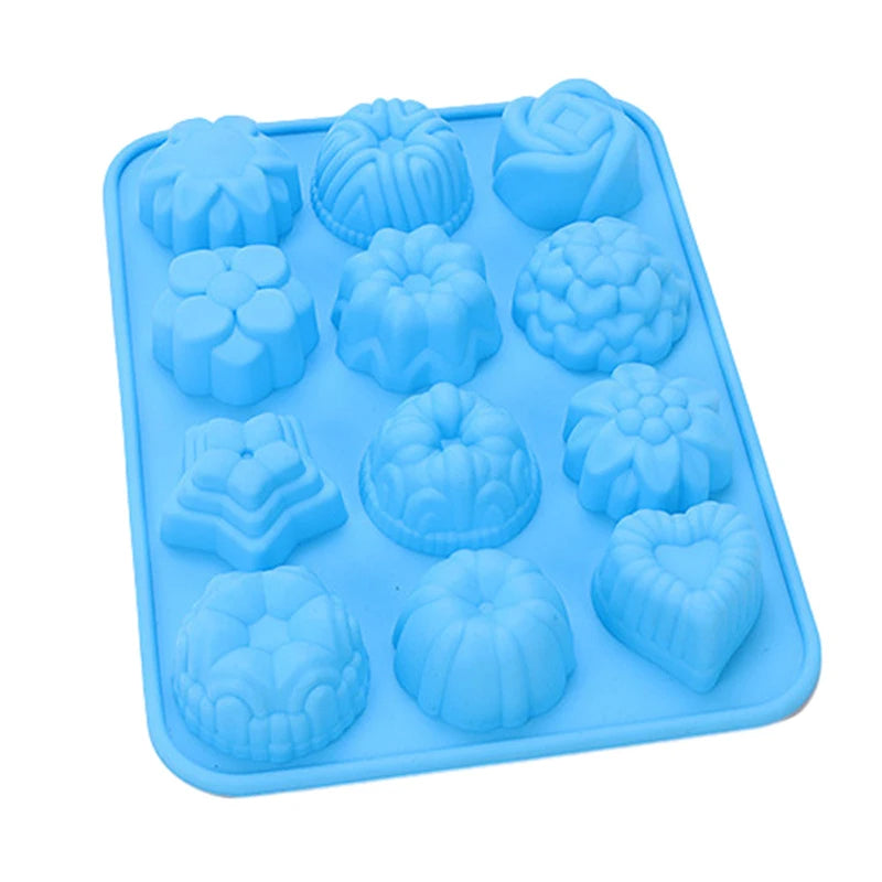 12 Holes Silicone Pastry Chocolate Molds For Oven Individual 3D Mini Dessert Flowers Heart Star Muffins Cupcake Baking Pan Tray