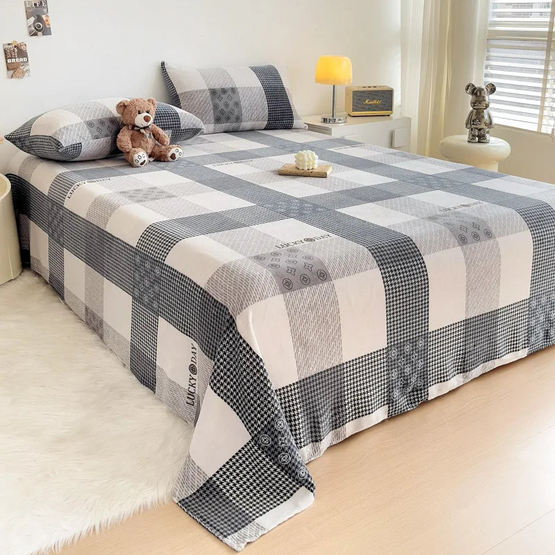 Geometric Plaid Pattern Flannel Bed Sheet Set Super Soft Plush Bed Sheets with 2 Pillowcases Luxury Queen Size Bedding Set