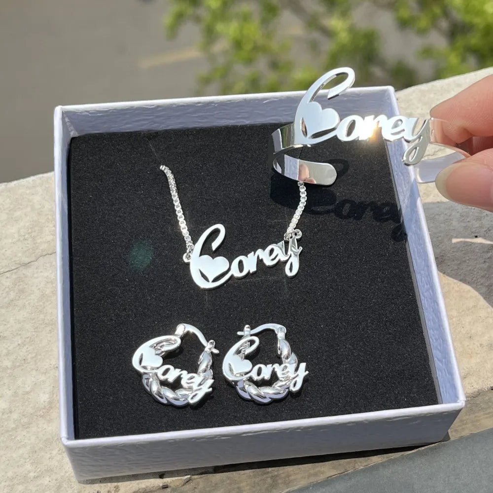 DUOYING Custom Name Jewelry Set Personalized Letter Necklace Customized Name Bangles Stainless Steel Mini Hoop Earrings 18mm