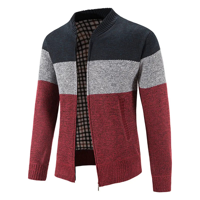 New Fashion Striped Knitted Cardigan Men Winter Fleece Warm Sweater Jacket Mens Daily Casual Knitting Sweater Men Slim Cardigans