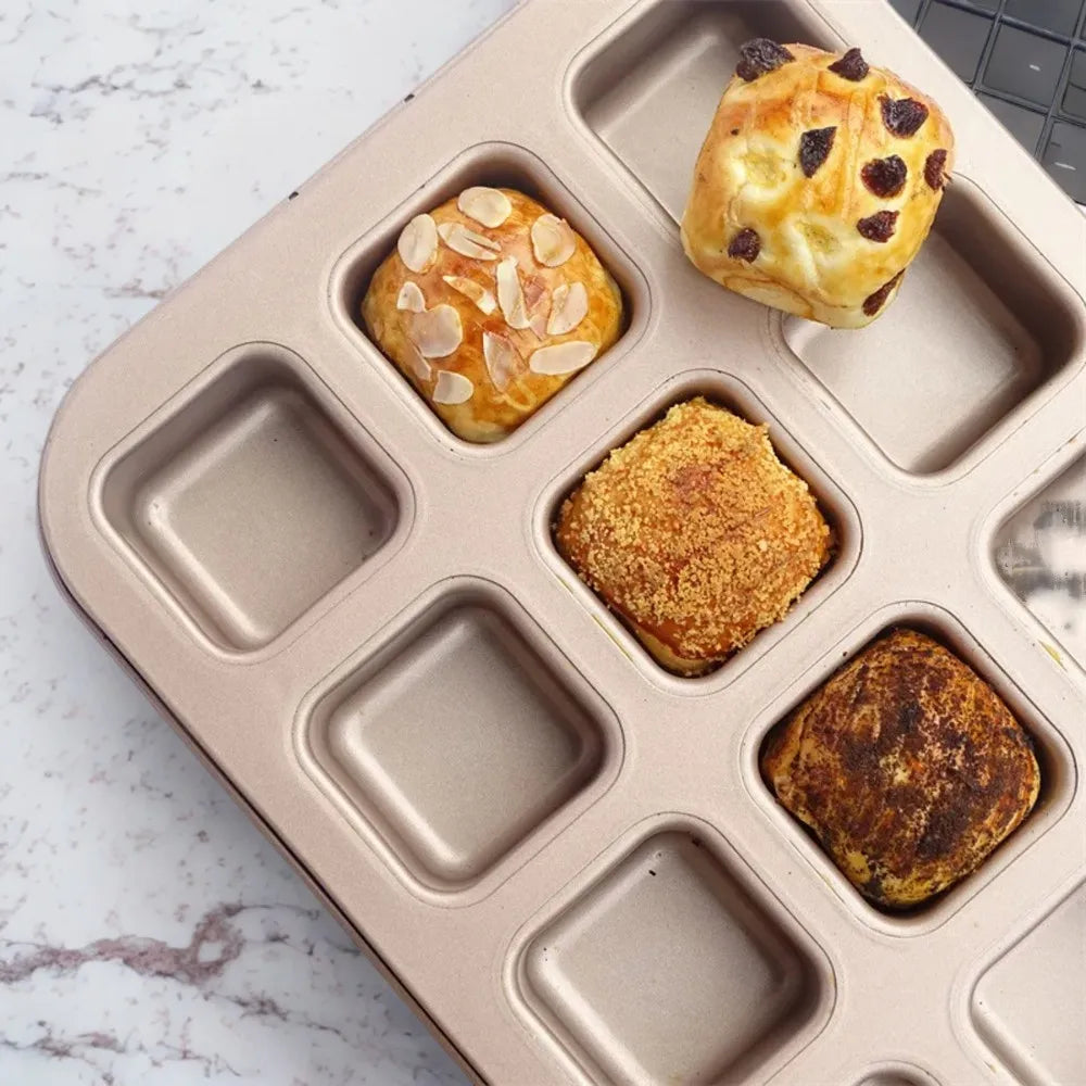 Set of 12 Durable Non-Stick Square Mini Household Baking Pan Oven Trays Tools for Bread Burger Muffin Cupcake - Convenient Cake