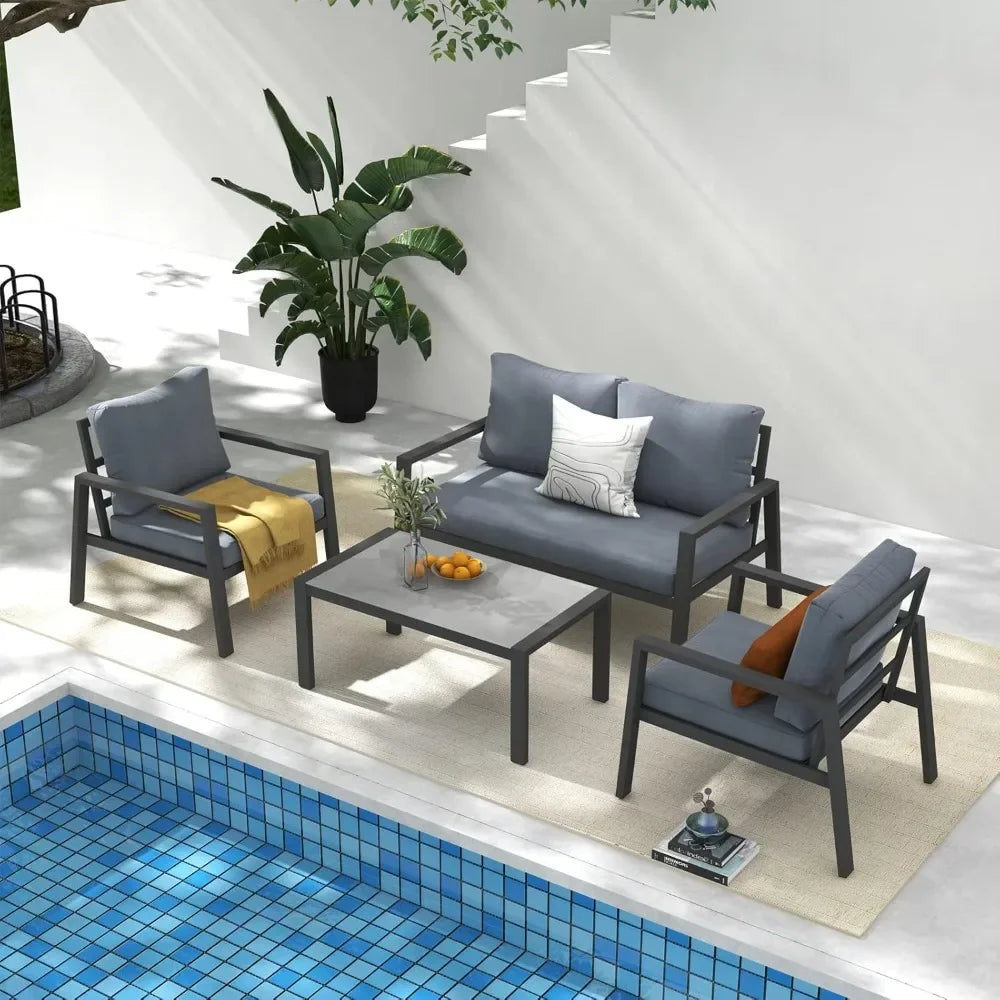 4-Piece Aluminum Outdoor Patio Furniture, Patio Conversation Sofa Set with Removable Cushions, Tempered Glass Top Coffee Table