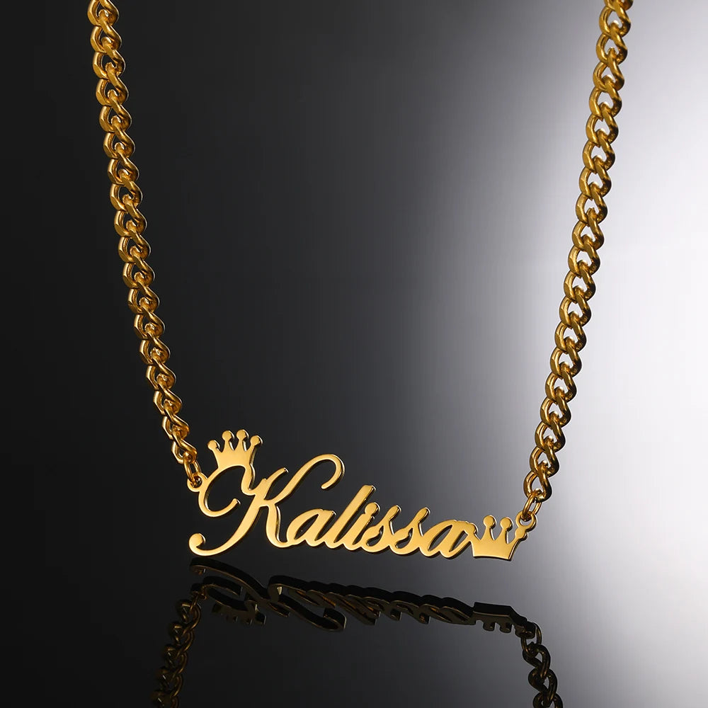 Custom Gold Color Crown Name Necklace Women Men Jewelry Stainless Steel Personalized Any Patterns Nameplate Necklace Best Gifts