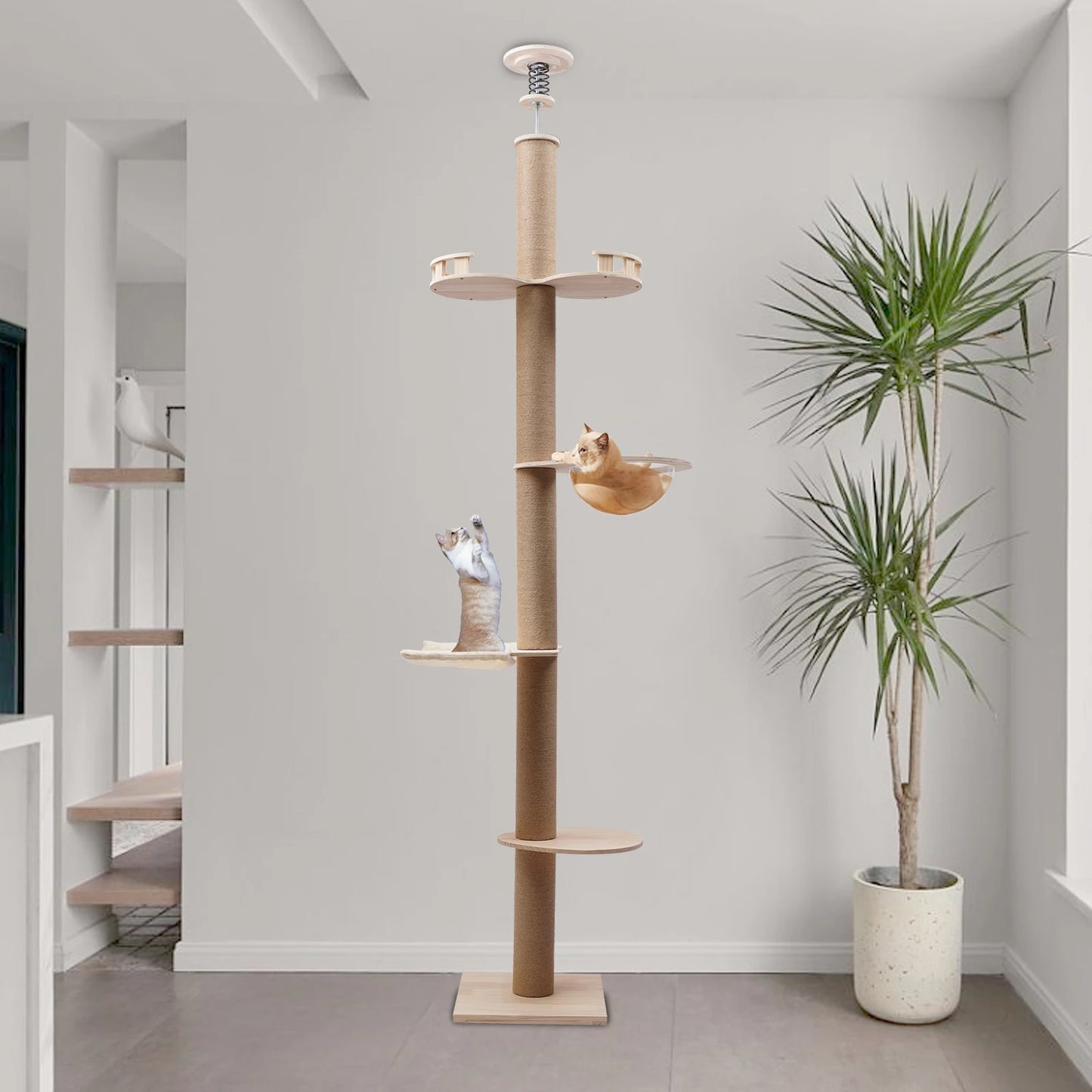 4 Tiers Cat Tree with Natural Sisal Rope Scratching Post Floor-to-Ceiling Cat Climbing Tower Adjustable Height