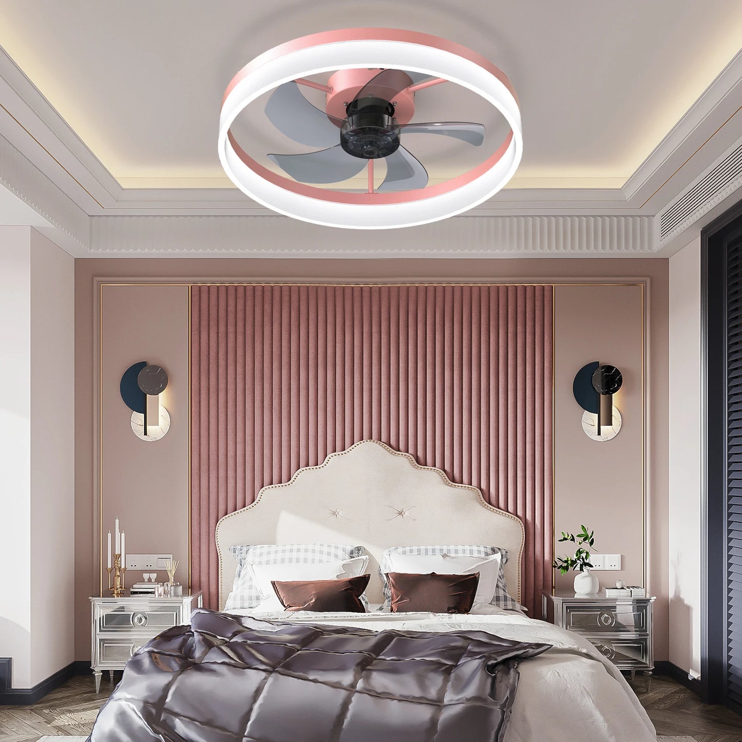 Modern Ceiling Fan with LED Light, Low-Profile Flush Mount,6-Speed Adjustable, Ideal for Bedroom and Living Room （Pink）