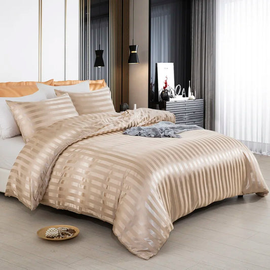 Satin Striped Duvet Cover Twin/Full/Queen/King/Single/Double Size Set, Luxury Silky Like Khaki Stripe Duvet Cover Bedding Set