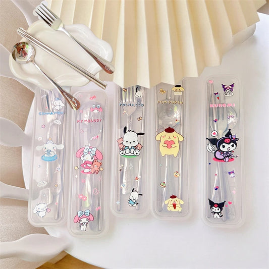 Sanrio Cutlery Set Mymelody Kuromi Kawaii Spoon Fork Chopstick Tableware Set Portable Dinnerware for Kid Anime Flatware with Box