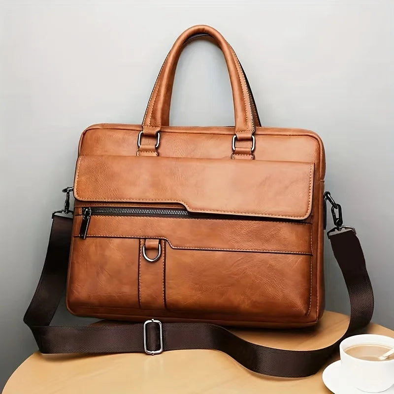 Leather Business Briefcase Messenger Bag Handbag For Men Travel Work Computer Bag Crossbody Shoulder Pack
