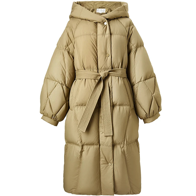 SENTUBILA Women's Winter Puffer Down Jacket Women 2024 Hooded Lantern Sleeve Windproof Mid-Length Down Coats Ladies W44Y58448X