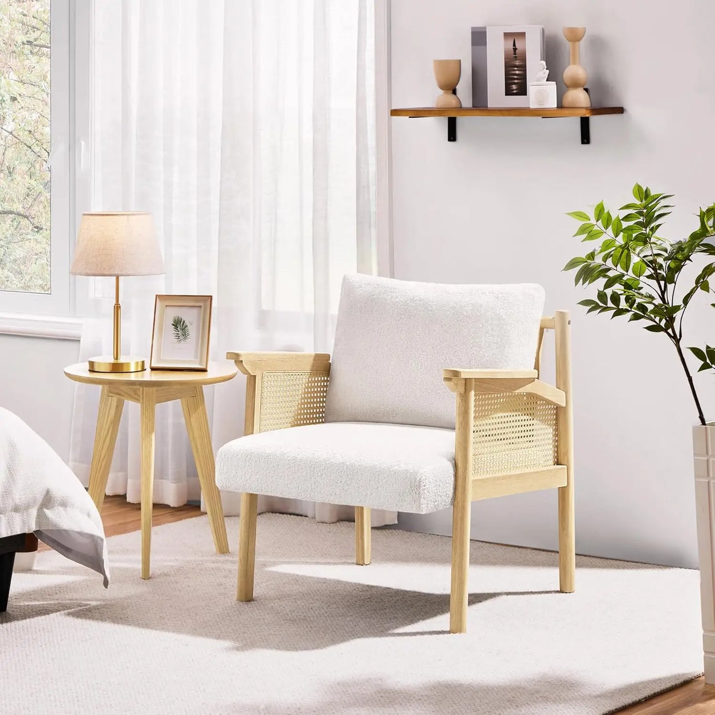 Accent Chair, Boucle Vanity Chair with Rattan Back Arms, Mid Century Chair Upholstered Living Room Chair Lounge Chair Bedroom