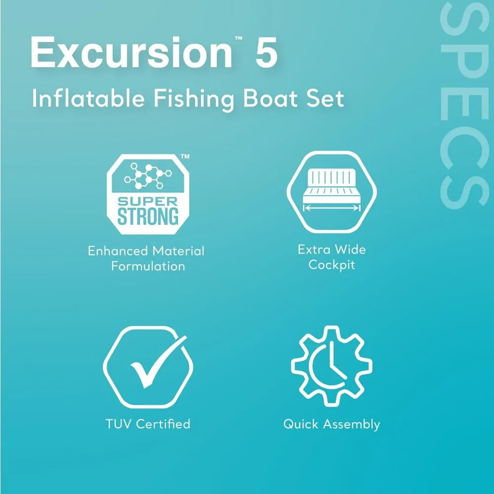 Excursion 5 Person Inflatable Boat Set with 2 Aluminum Oars and Pump, 12V Transom Mount Boat Trolling Motor