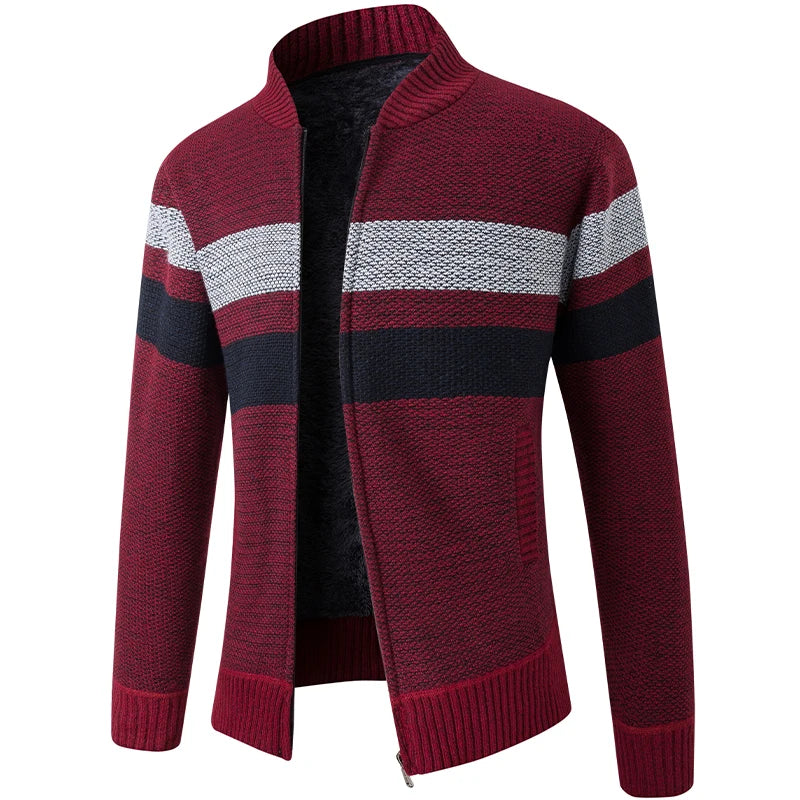 New Fashion Striped Knitted Cardigan Men Winter Fleece Warm Sweater Jacket Mens Daily Casual Knitting Sweater Men Slim Cardigans