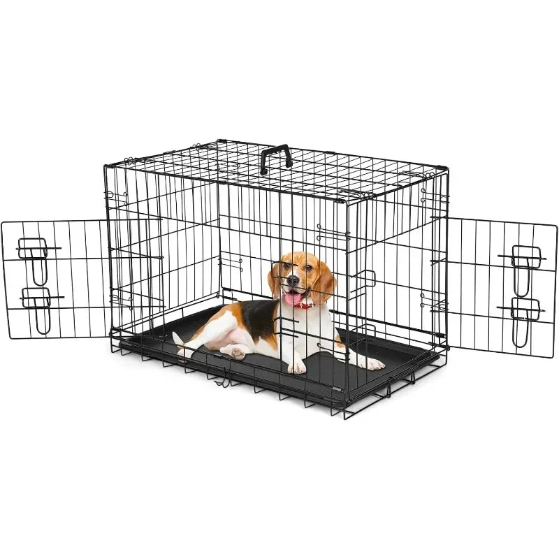 Dog Crate, 30 Inch Medium Wire Kennel with Divider Panel, Metal Cages with Double Door, Leak-Proof Pan Tray, Folding Portable