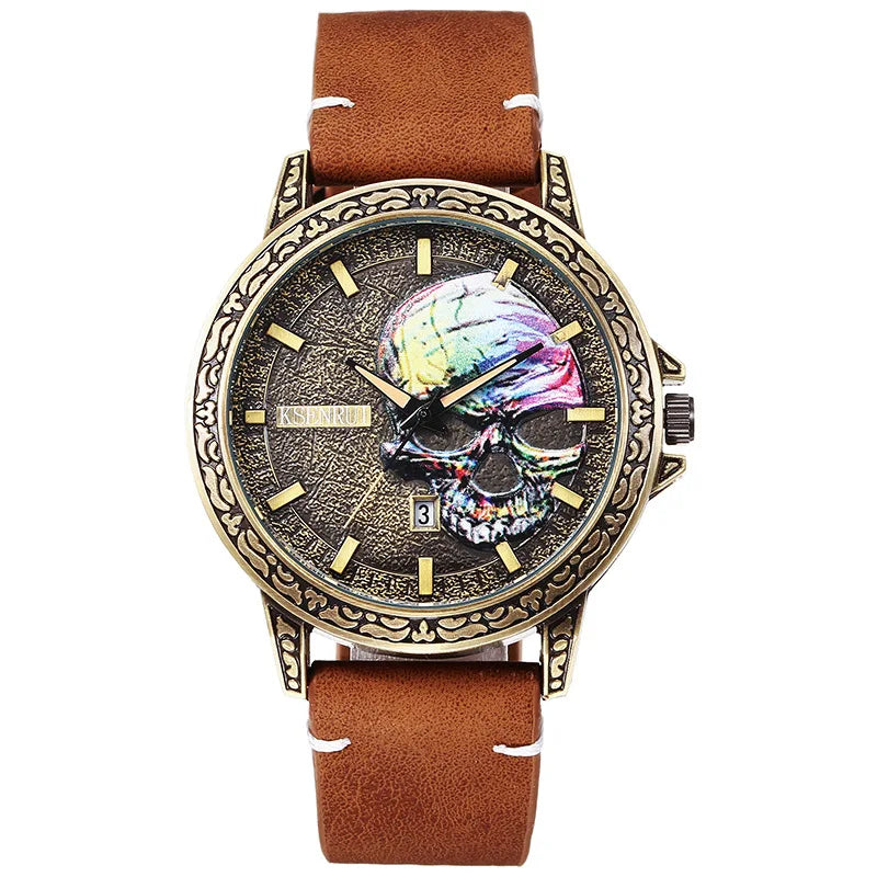 UTHAI BK149 Antique Bronze Colorful Skull Head Retro Men's Watch Casual Fashion Cool Calendar Waterproof Quartz Watch