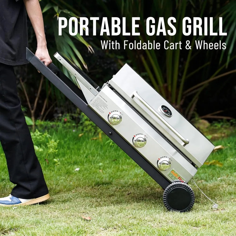 Foldable Cart & Side Table, Stainless Steel Flat Top Gas Grill Griddle Stove with Lid, for Outdoor Cooking Patio Backyard