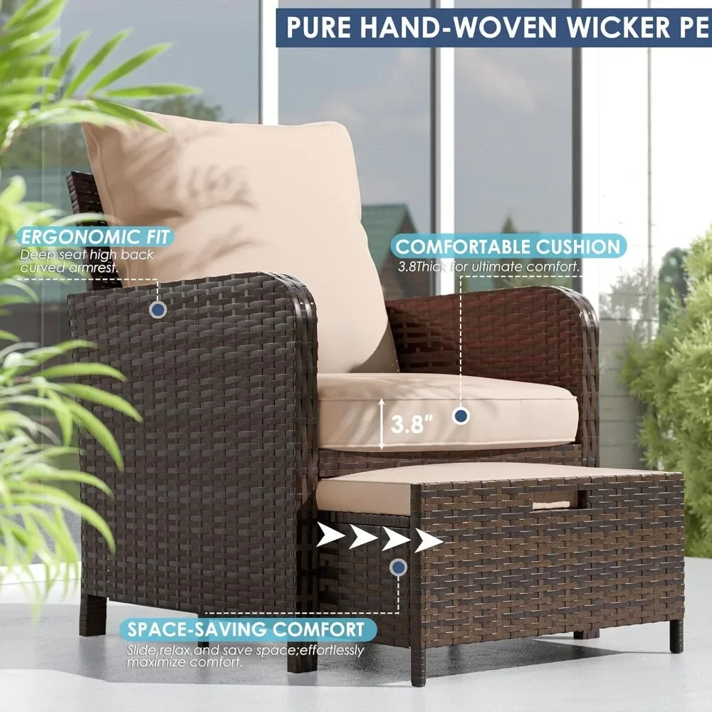 5 Pieces Patio Conversation Set All-Weather PE Rattan Outdoor Balcony Furniture Set, Patio Chair with Ottoman & Coffee Table