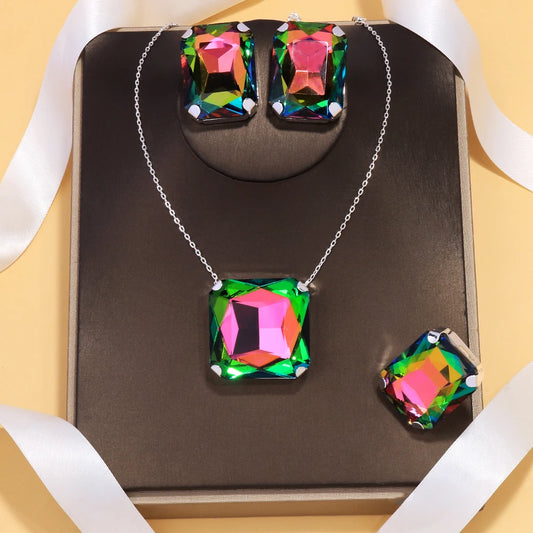 Stonefans Exaggerated Square Jewelry Sets Dubai Wedding Accessories Bridal Large Rhinestone Necklace Earrings Ring Set for Women