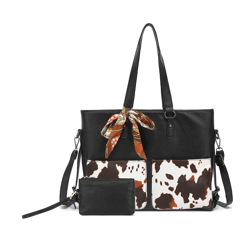 2PC Set Purses Tote Bag For Women, Handbags PU Leather Large Shoulder Bag,  Cow Pattern Work Bags With Multi-Pockets