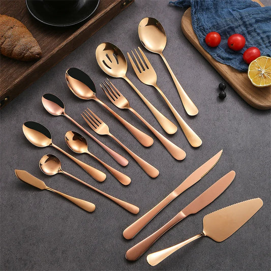 Western Rose Gold Cutlery Set Stainless Steel Steak Knife Serving Fork Spoon Cake Shovel Dinnerware Set 	 Utensils for Kitchen