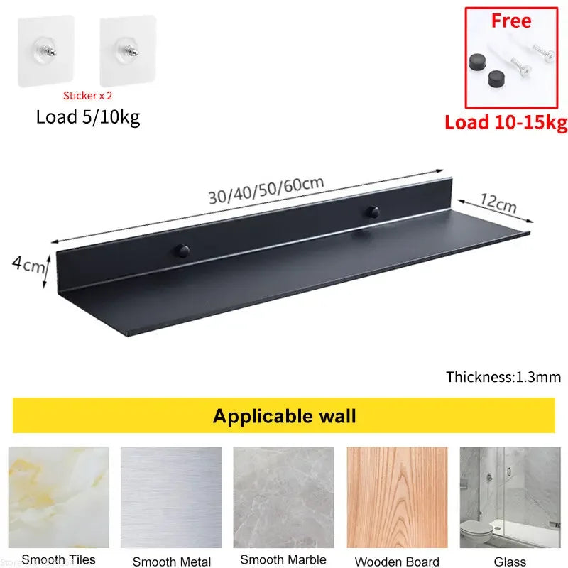 Punch Free Floating Shelves for Wall  Self-adhesive Rack 20-50cm Kitchen  Decor Bathroom Accessorie Modern Matt Black Mini shelf