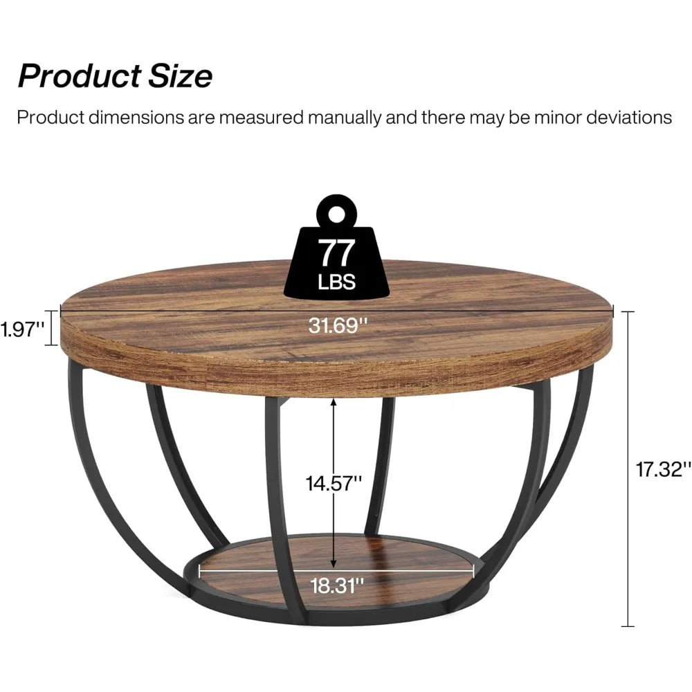 Round Coffee Table, 31.7" Wooden 2-Tier Circle Coffee Table with Storage Shelves, Modern Accent Cocktail Table Center Table