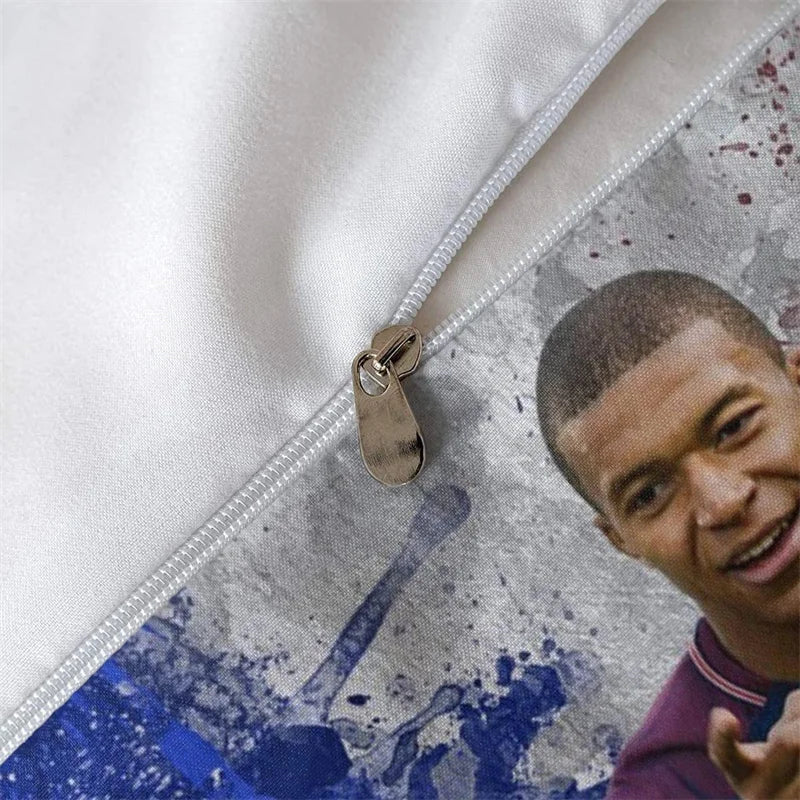 Soccer Star Kylian Mbappe Bedding Set, 3 Piece, Cartoon Themed Duvet Cover, Breathable Microfiber Material and Pillowcases Gift