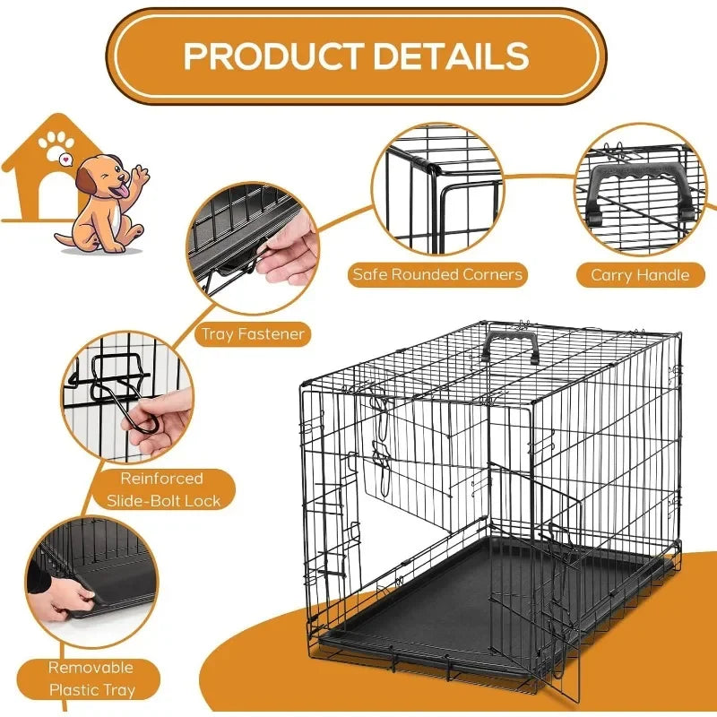 Dog Crate, 30 Inch Medium Wire Kennel with Divider Panel, Metal Cages with Double Door, Leak-Proof Pan Tray, Folding Portable