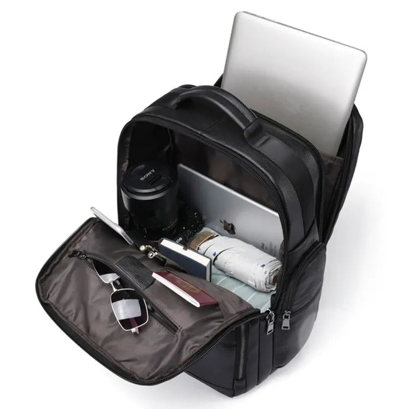 Genuine Leather Backpack USB charging Men Women Waterproof Black Laptop Daypack Student Schoolbag Big man Travel Rucksack