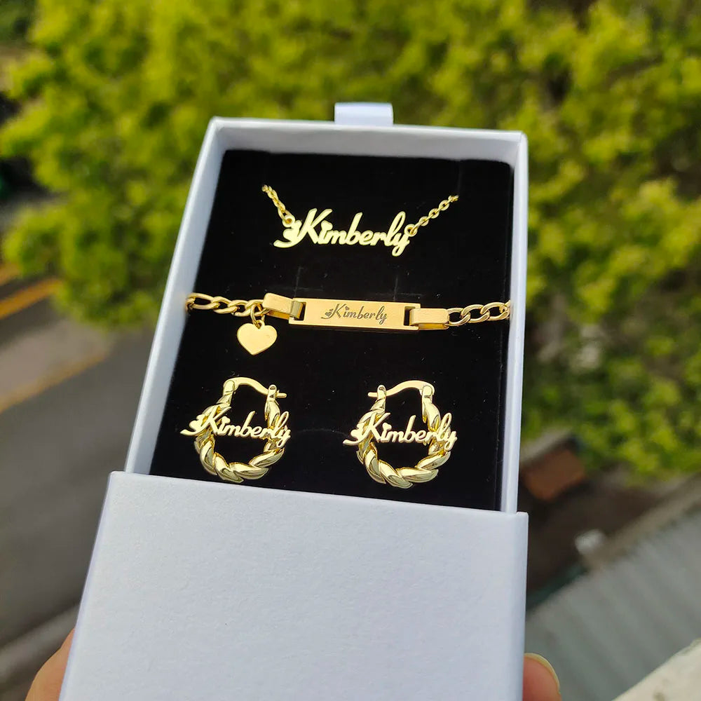 DODOAI Custom Name Jewelry Sets Stainless Steel Letter Jewelry Nameplate Necklace/Bracelet/Earring with Twisted Hoop 3 Piece Set