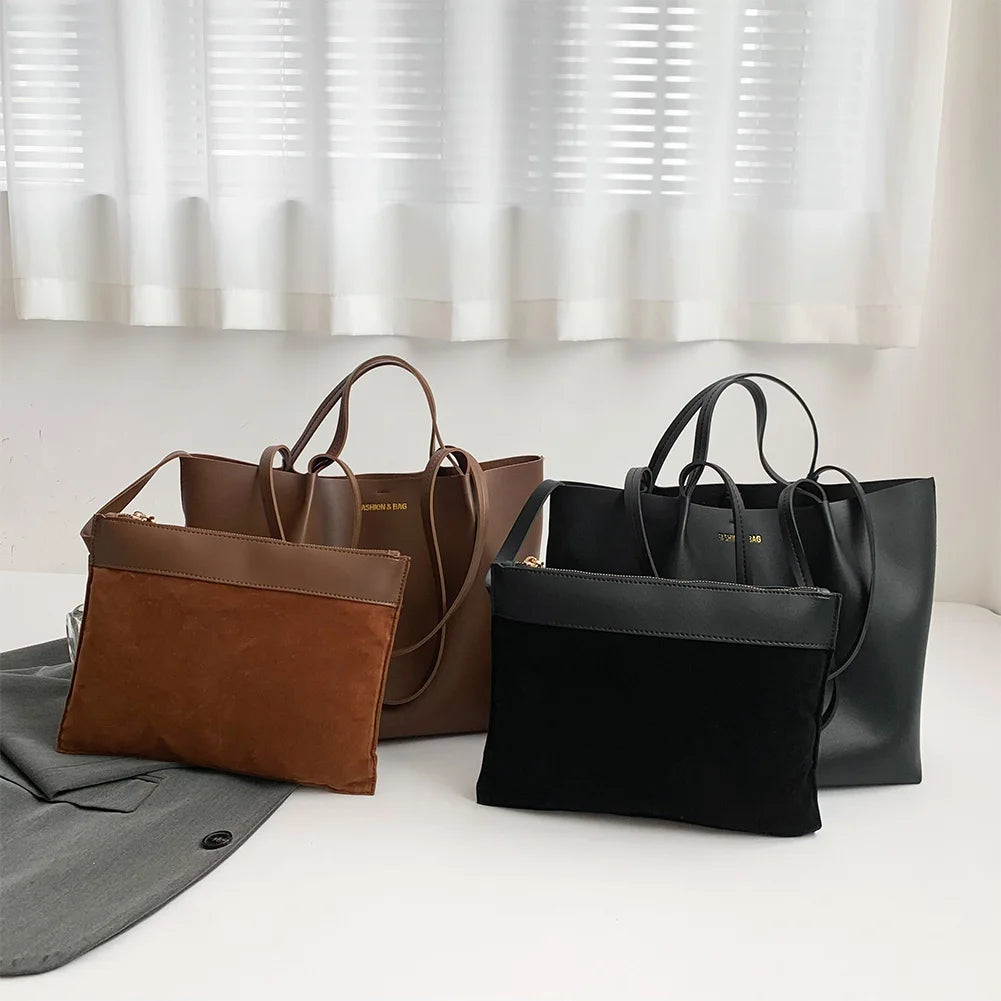 Women PU Shoulder Bag Stylish Single Shoulder Bag Large Capacity Trendy Tote Handbag with Pouch Chic Hobo Bag Simple Work Bag