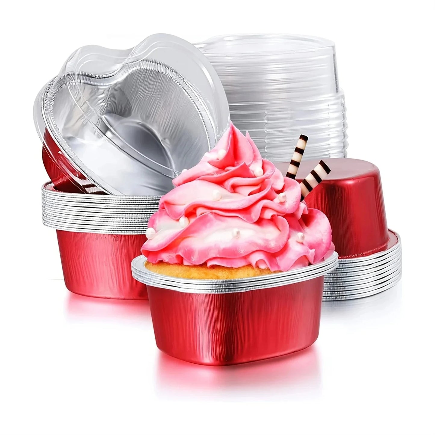 Disposable Mini Heart Shaped Aluminum Foil Cake Pan with Lids - 20 Pcs 100 ML/ 3.4 Ounce Cupcake Cup for Flan Baking