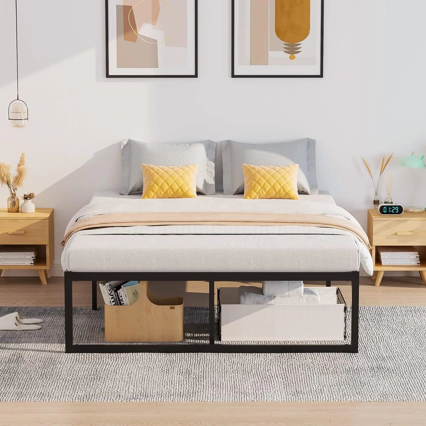 Elephance Queen Bed Frame With Storage Space 16 Inch Black Bedframe No Box Spring Needed Metal Platform With Heavy Duty Steel