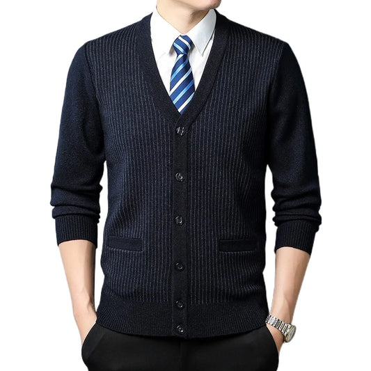 New Autumn Men's Cardigan  Plaid Fashion Business Casual Knitted Sweater Warm V-neck Sweater