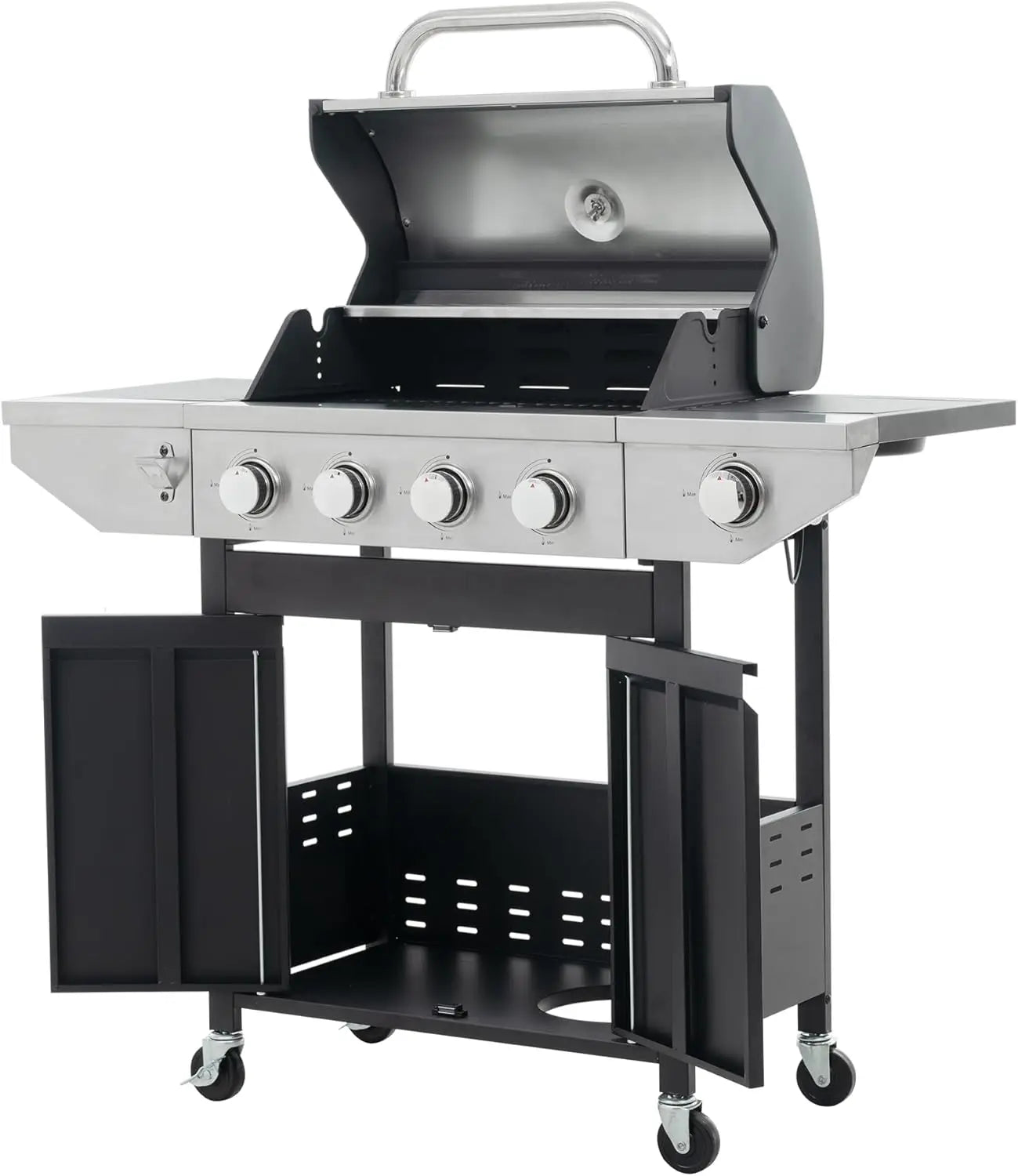 Propane Grill 4 Burner Barbecue Grill Stainless Steel Gas Grill with Side Burner and Thermometer for Outdoor BBQ, Camping